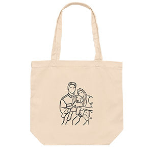 Canvas tote bag with a line drawing of a couple sharing a tender moment with their golden retriever dog.