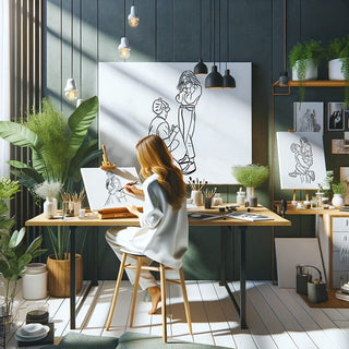 An artist from Maison Memoire sketching a personalized line drawing, surrounded by green plants and art supplies in a bright, creative studio space.