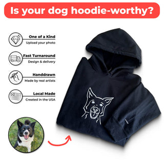 Black hoodie with a custom dog line drawing, alongside text highlighting features such as one-of-a-kind designs, fast turnaround, and local production.