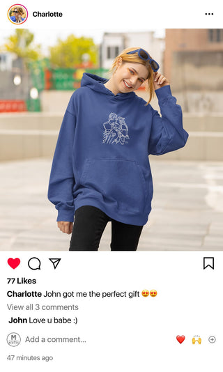 A delighted customer, Charlotte, posts on social media wearing her Maison Memoire custom hoodie, smiling brightly on an urban background.