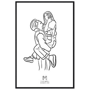 Line art of a joyous moment where one man lifts his girlfriend in an embrace, conveying a sense of playful love where she is showing off her engagement ring.