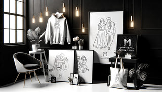 Elegant interior featuring Maison Memoire’s personalized keepsakes, including embroidered apparel and framed line art, symbolizing cherished memories.