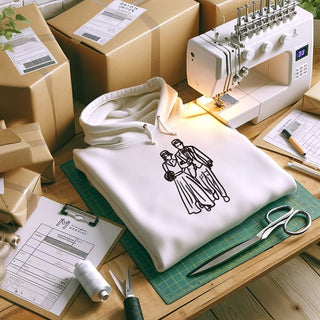 A Maison Memoire custom hoodie with a line art drawing is ready for shipment, spotlighting the brand's detailed embroidery work and packing care.