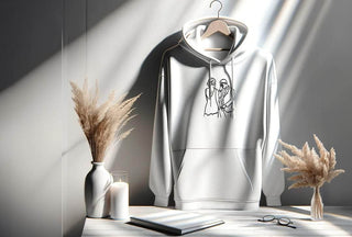 Artistic display of a Maison Memoire hoodie with a couple's embroidery design, bathed in soft natural light alongside serene home decor.