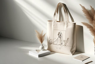 A sunlit Maison Memoire tote bag with custom wedding line art placed next to elegant home decor on a bright day.