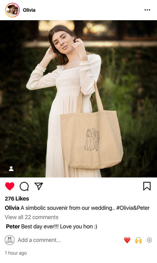 Olivia, beaming with joy, showcases her wedding souvenir tote by Maison Memoire.