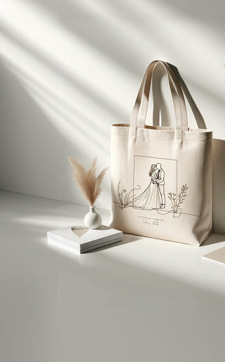 Maison Memoire’s custom wedding tote bag with line art, elegantly presented in a serene setting with soft natural light.