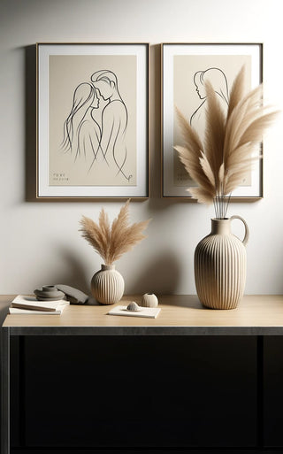 Sophisticated wall art featuring a couple's love story line drawing, displayed above a modern console with chic decor.